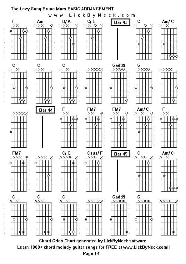 Chord Grids Chart of chord melody fingerstyle guitar song-The Lazy Song-Bruno Mars-BASIC ARRANGEMENT,generated by LickByNeck software.